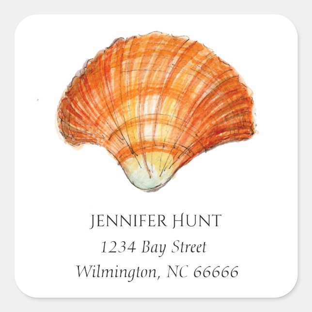 Seashell watercolor Nautcal address Square Sticker (Front)