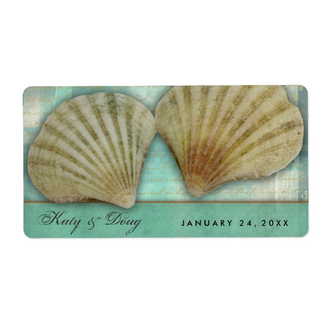 Seashell wedding labels with blue green accent (Front)