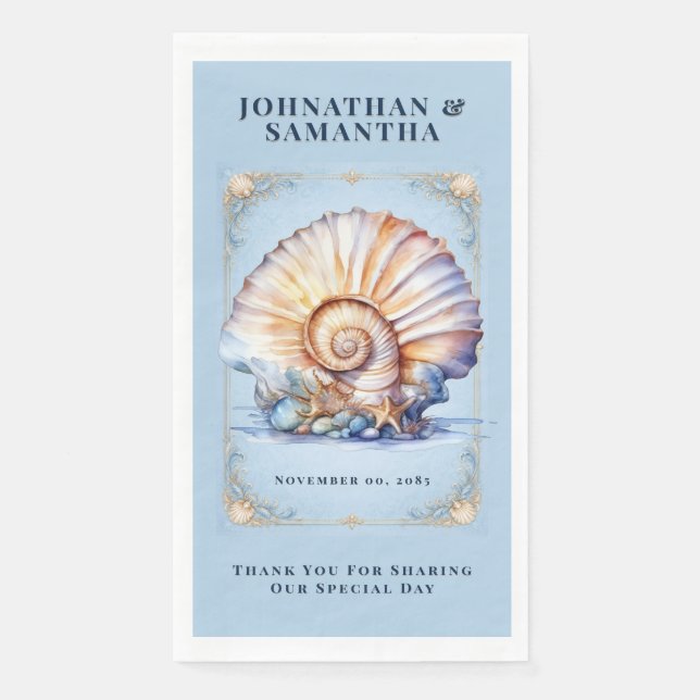 Seashell wedding serviettes ivory blue nautical napkin (Front)