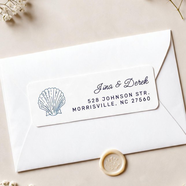 Seashell White Blue Wedding Return Address (Creator Uploaded)