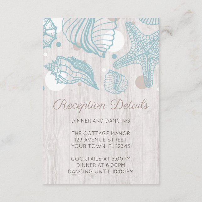Seashell Whitewashed Wood Beach Reception Cards (Front)