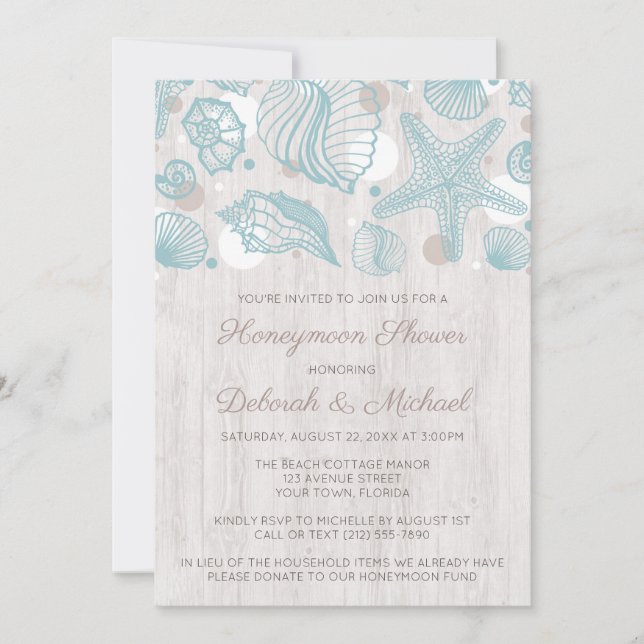 Seashell Whitewashed Wood Honeymoon Shower Invites (Front)