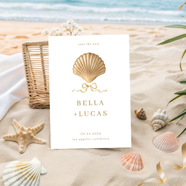 Seashell With a Bow Gold Beach Destination Wedding Save The Date (Creator Uploaded)