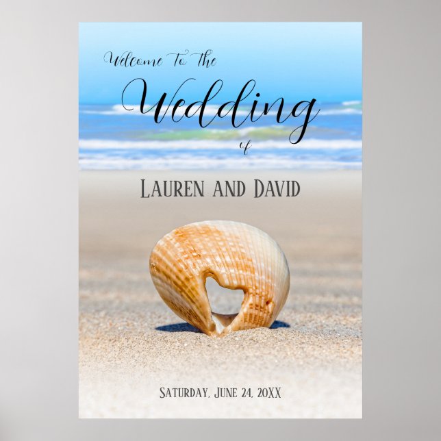 Seashell with a Heart on sand at the Beach, Poster (Front)