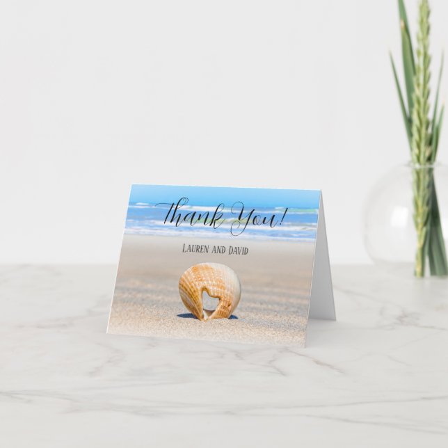 Seashell with a Heart on sand at the Beach, Thank You Card (Front)