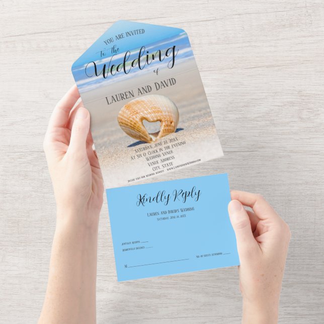 Seashell with a Heart on Sand, Beach, All In One Invitation (Tearaway)