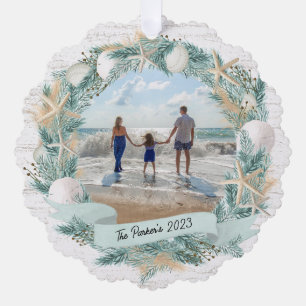 Seashell Wreath and Banner with Photo Ornament Card