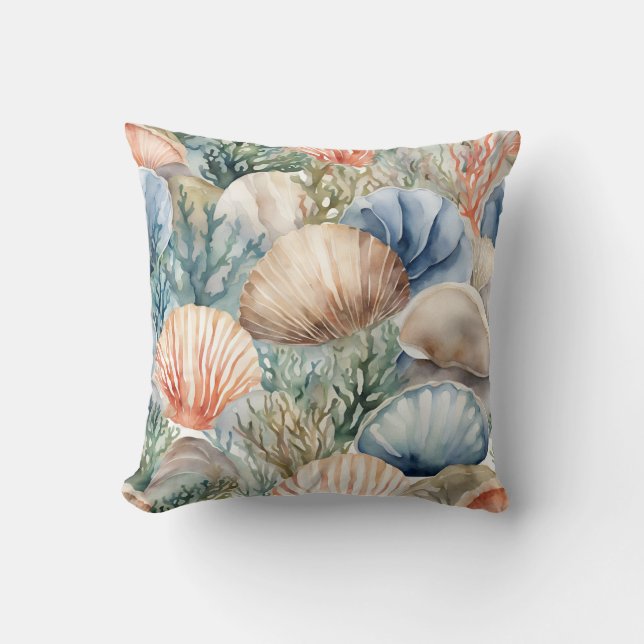 Seashells And Coral Reef Ocean Coastal Throw Pillow (Front)