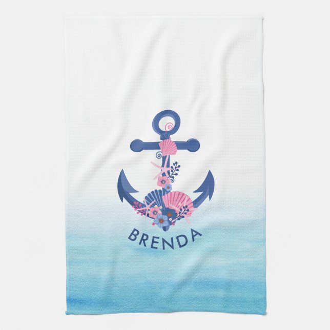 Seashells and corals nautical boat anchor kitchen towel (Vertical)