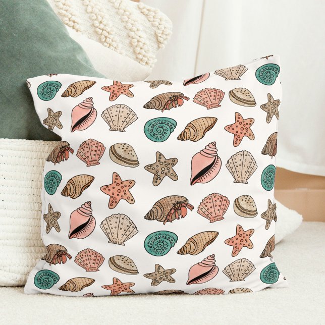 Seashells and Hermit Crab Cute Beach Throw Pillow (Cute Seashell Coastal Kids Throw Pillow)