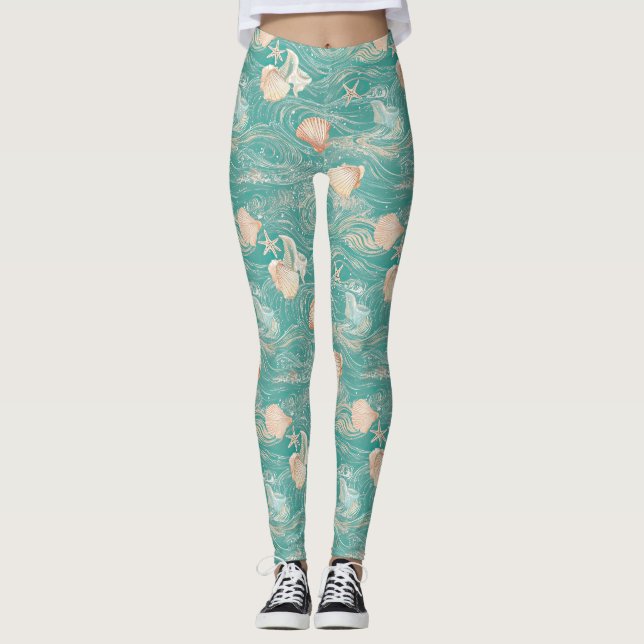 Seashells and Ocean Waves Pattern (10) Leggings (Front)