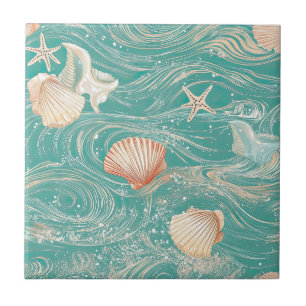 Seashells and Ocean Waves Pattern (10) Tile