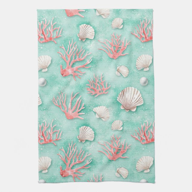 Seashells and Ocean Waves Pattern (12) Kitchen Towel (Vertical)
