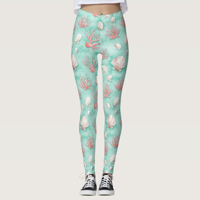 Seashells and Ocean Waves Pattern (12) Leggings (Front)