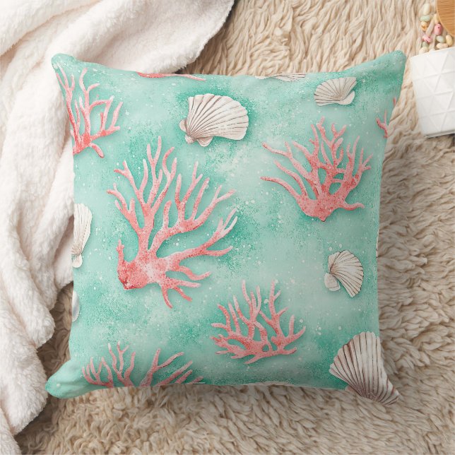 Seashells and Ocean Waves Pattern (12) Throw Pillow (Blanket)