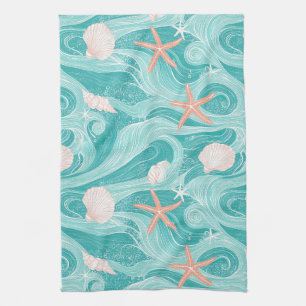 Seashells and Ocean Waves Pattern (13) Kitchen Towel