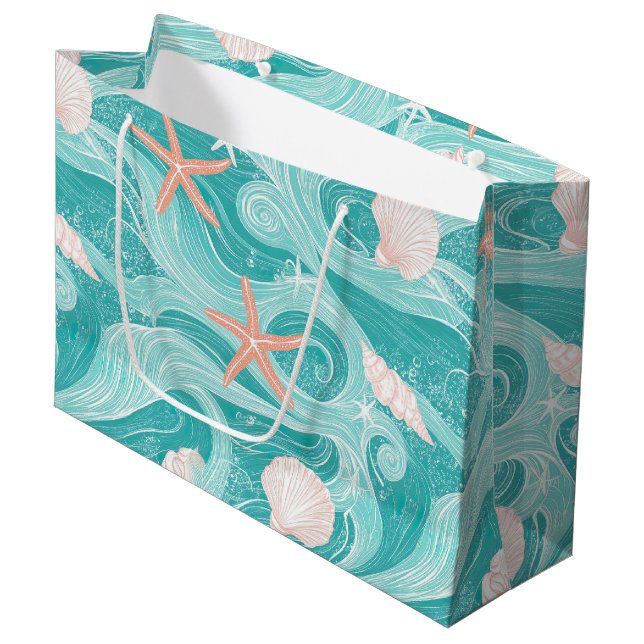 Seashells and Ocean Waves Pattern (13) Large Gift Bag (Front Angled)