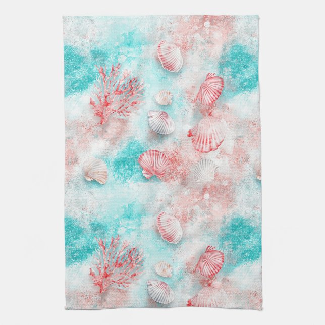 Seashells and Ocean Waves Pattern (14) Kitchen Towel (Vertical)
