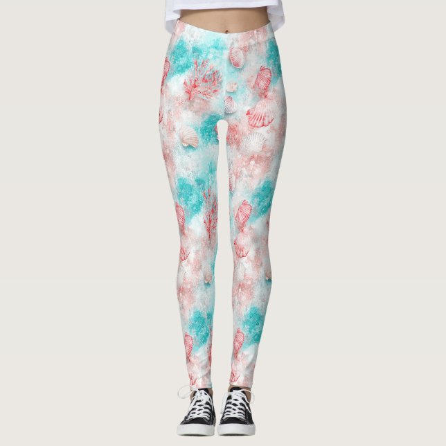 Seashells and Ocean Waves Pattern (14) Leggings (Front)