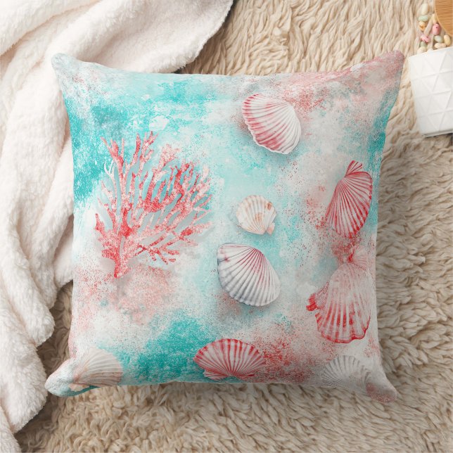 Seashells and Ocean Waves Pattern (14) Throw Pillow (Blanket)