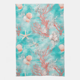Seashells and Ocean Waves Pattern (15) Kitchen Towel