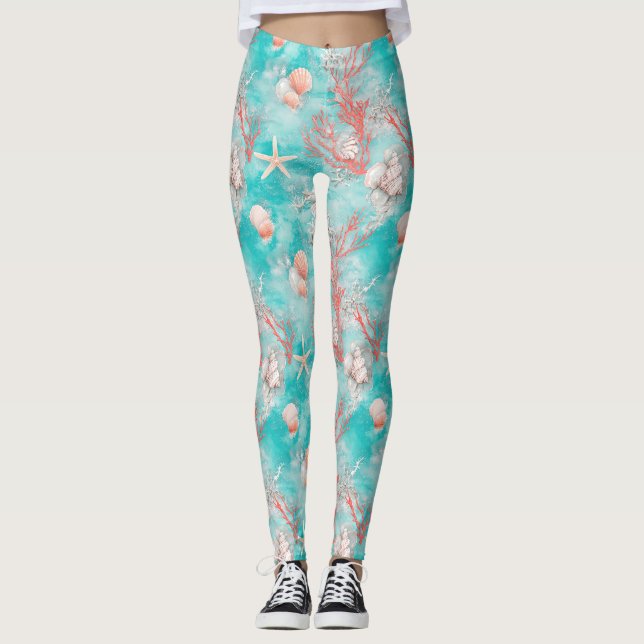 Seashells and Ocean Waves Pattern (15) Leggings (Front)