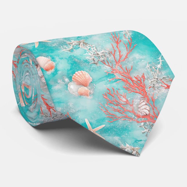 Seashells and Ocean Waves Pattern (15) Tie (Rolled)