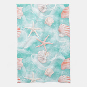 Seashells and Ocean Waves Pattern (1) Kitchen Towel