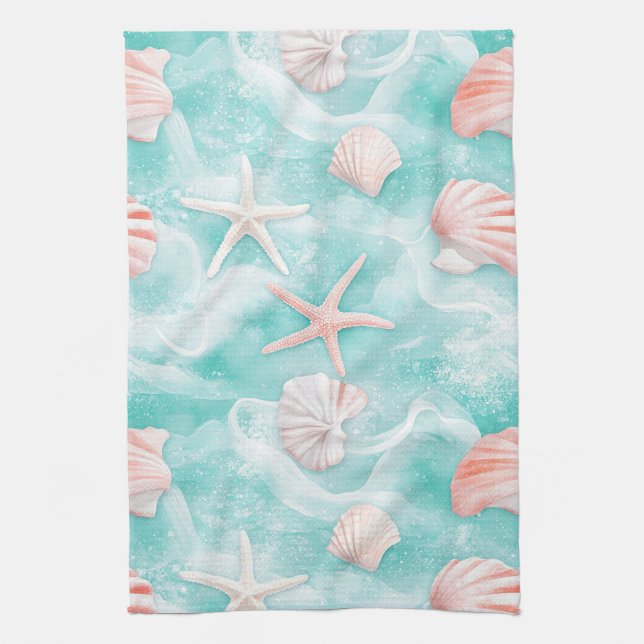 Seashells and Ocean Waves Pattern (1) Kitchen Towel (Vertical)