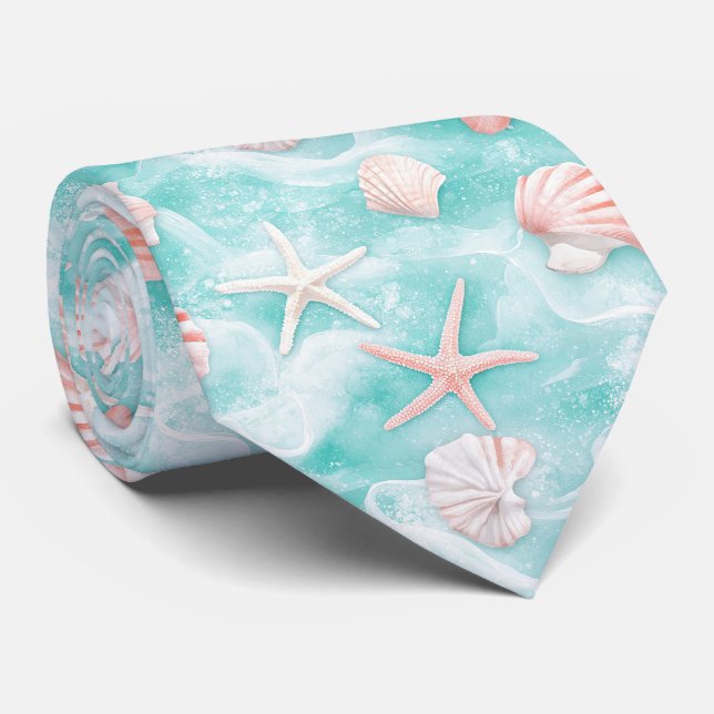 Seashells and Ocean Waves Pattern (1) Tie (Rolled)