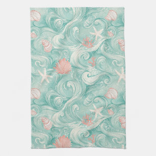 Seashells and Ocean Waves Pattern (3) Kitchen Towel