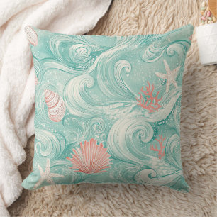 Seashells and Ocean Waves Pattern (3) Throw Pillow