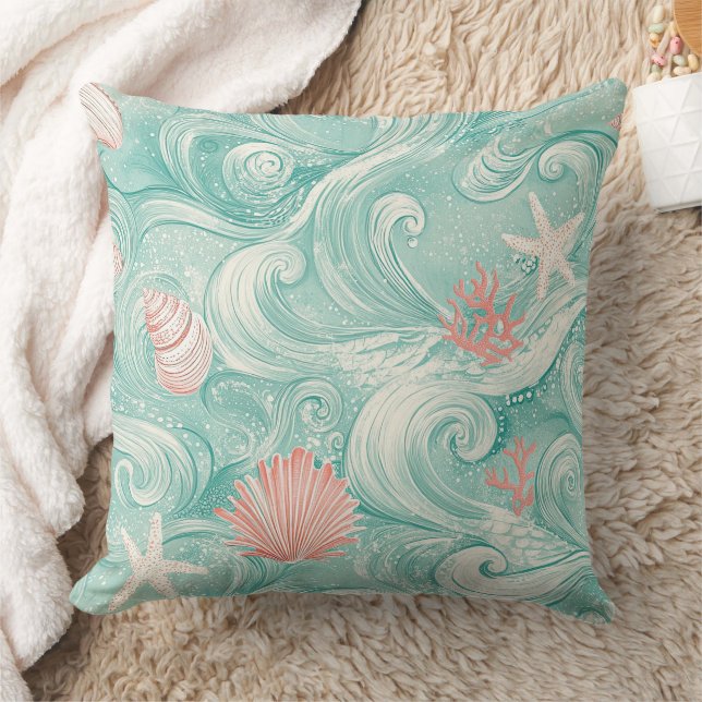 Seashells and Ocean Waves Pattern (3) Throw Pillow (Blanket)