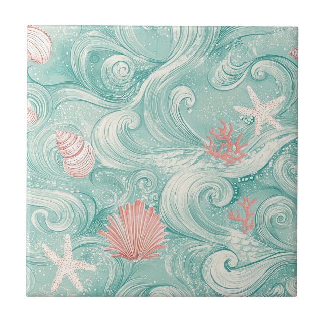 Seashells and Ocean Waves Pattern (3) Tile (Front)
