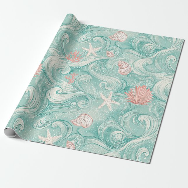 Seashells and Ocean Waves Pattern (3) Wrapping Paper (Unrolled)