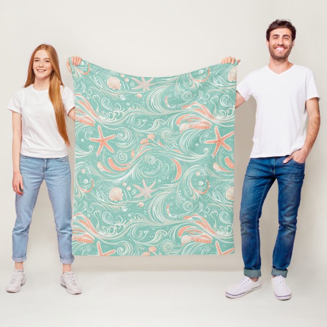 Seashells and Ocean Waves Pattern (4) Fleece Blanket (In Situ)