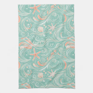 Seashells and Ocean Waves Pattern (4) Kitchen Towel