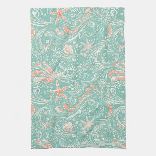 Seashells and Ocean Waves Pattern (4) Kitchen Towel (Vertical)
