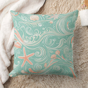 Seashells and Ocean Waves Pattern (4) Throw Pillow