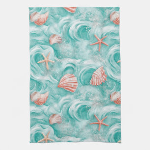 Seashells and Ocean Waves Pattern (5) Kitchen Towel