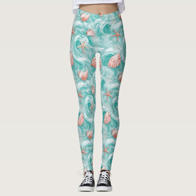 Seashells and Ocean Waves Pattern (5) Leggings (Front)