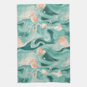 Seashells and Ocean Waves Pattern (6) Kitchen Towel