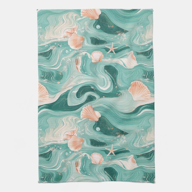 Seashells and Ocean Waves Pattern (6) Kitchen Towel (Vertical)