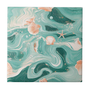 Seashells and Ocean Waves Pattern (6) Tile