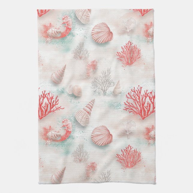 Seashells and Ocean Waves Pattern (7) Kitchen Towel (Vertical)