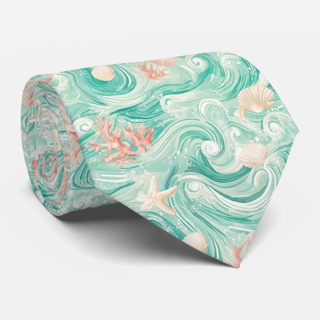Seashells and Ocean Waves Pattern (8) Tie (Rolled)
