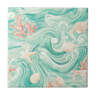 Seashells and Ocean Waves Pattern (8) Tile
