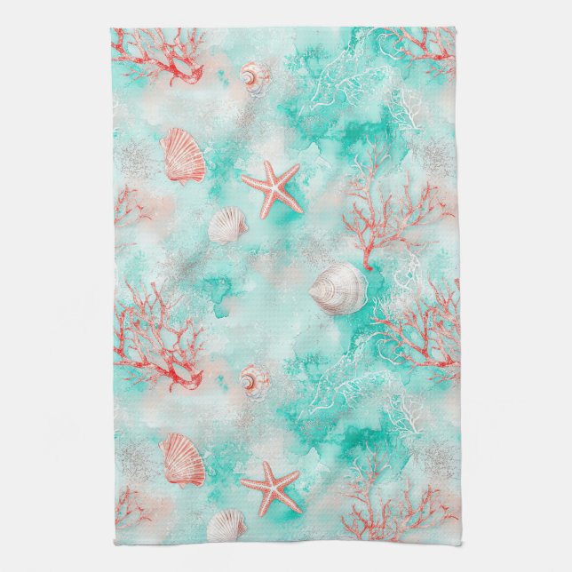 Seashells and Ocean Waves Pattern (9) Kitchen Towel (Vertical)