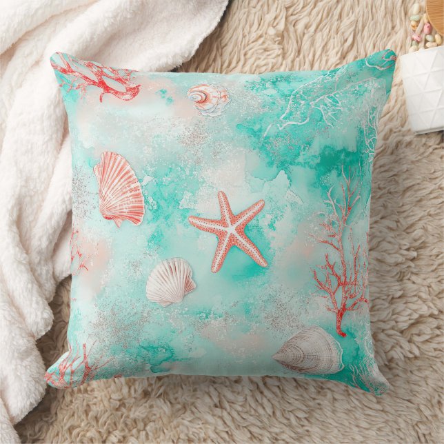 Seashells and Ocean Waves Pattern (9) Throw Pillow (Blanket)