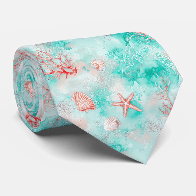 Seashells and Ocean Waves Pattern (9) Tie (Rolled)